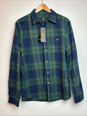 NWT Lee Mens‎ Medium Regular Fit Long-Sleeve Plaid Shirt Green Navy Blue Tartan